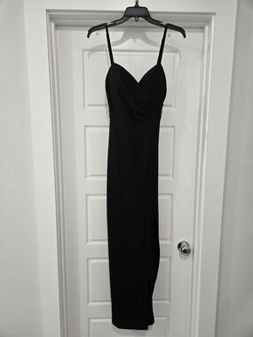 Haute Monde Black Ribbed Maxi Dress Cowl Neck Spaghetti Strap Side Slit Size M
